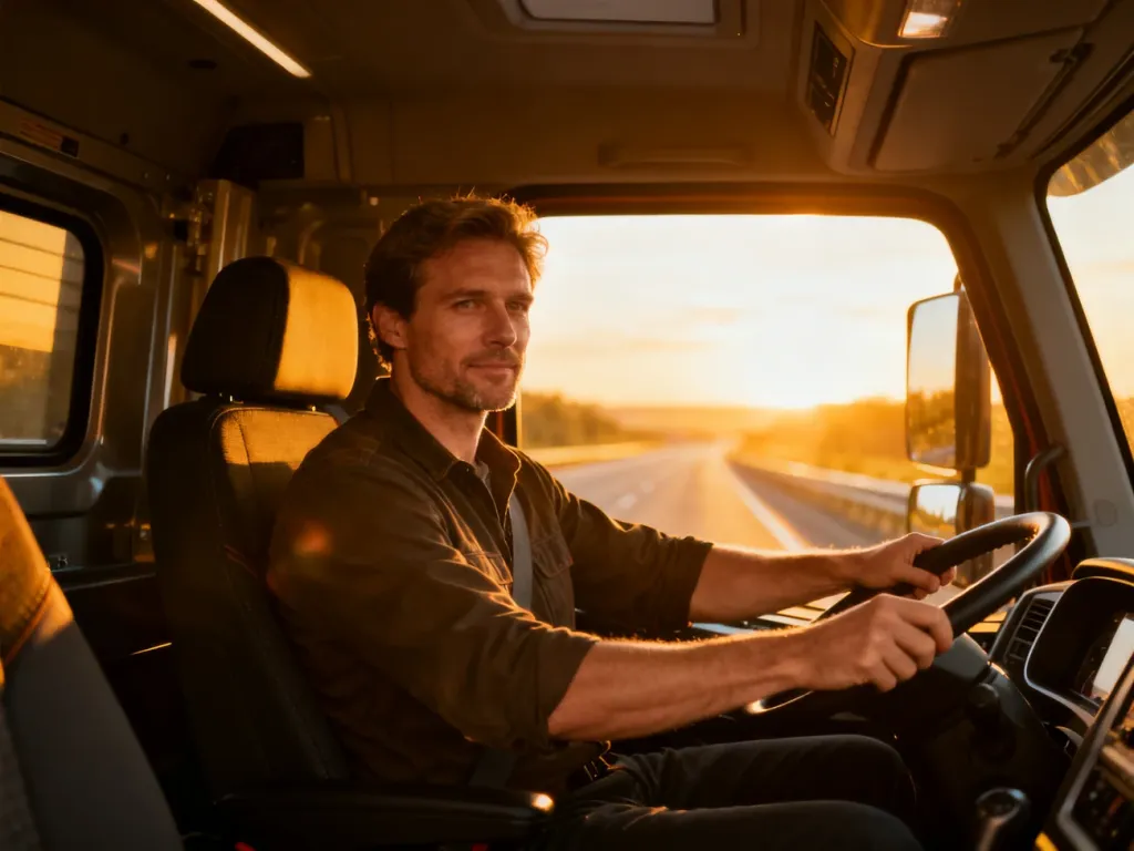 Skupiony kierowca prowadzący nowoczesną ciężarówkę na tle słonecznej autostrady podczas złotej godziny.