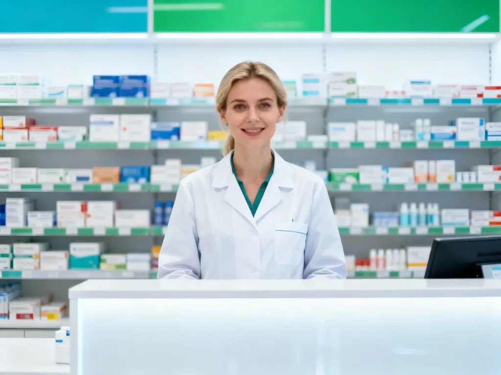 Farmaceutka za ladą w nowoczesnej aptece, symbolizująca profesjonalną obsługę pacjentów korzystających z karty PZU.