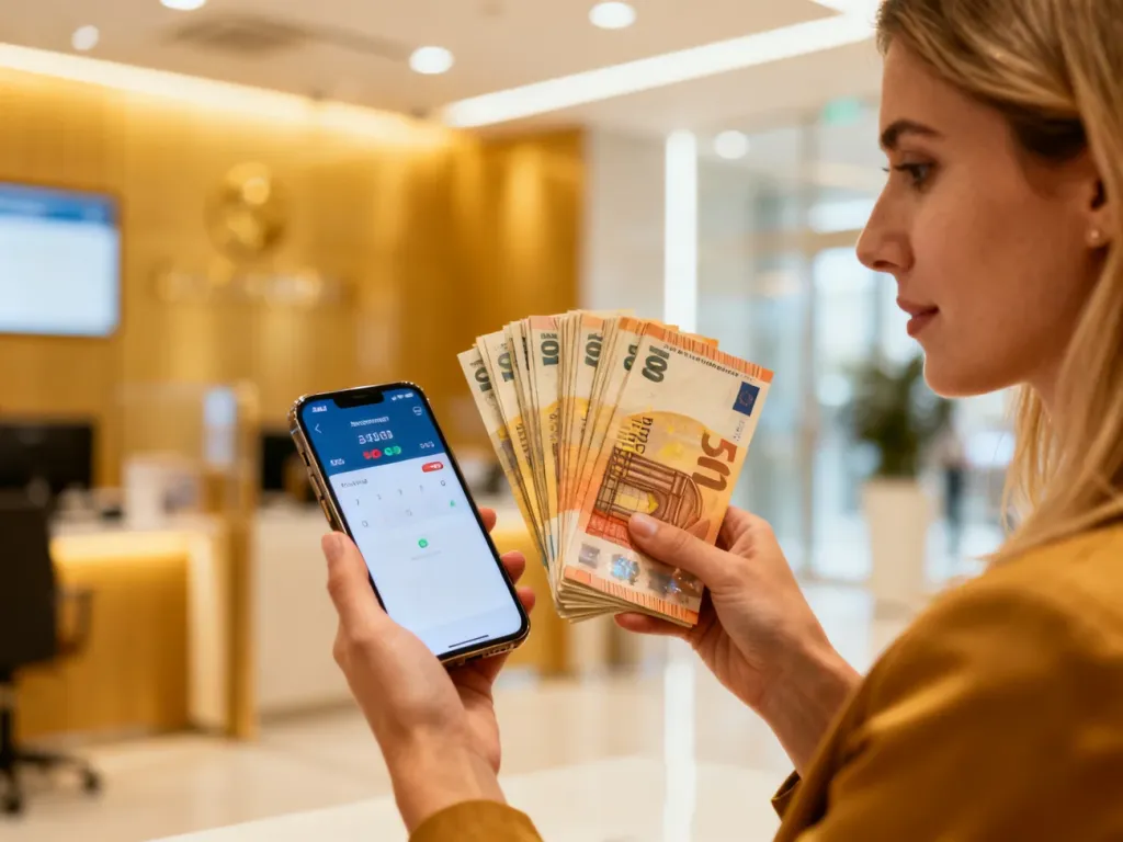 Kobieta trzymająca w dłoniach plik banknotów euro oraz smartfon z aplikacją do przeliczania walut w tle banku.