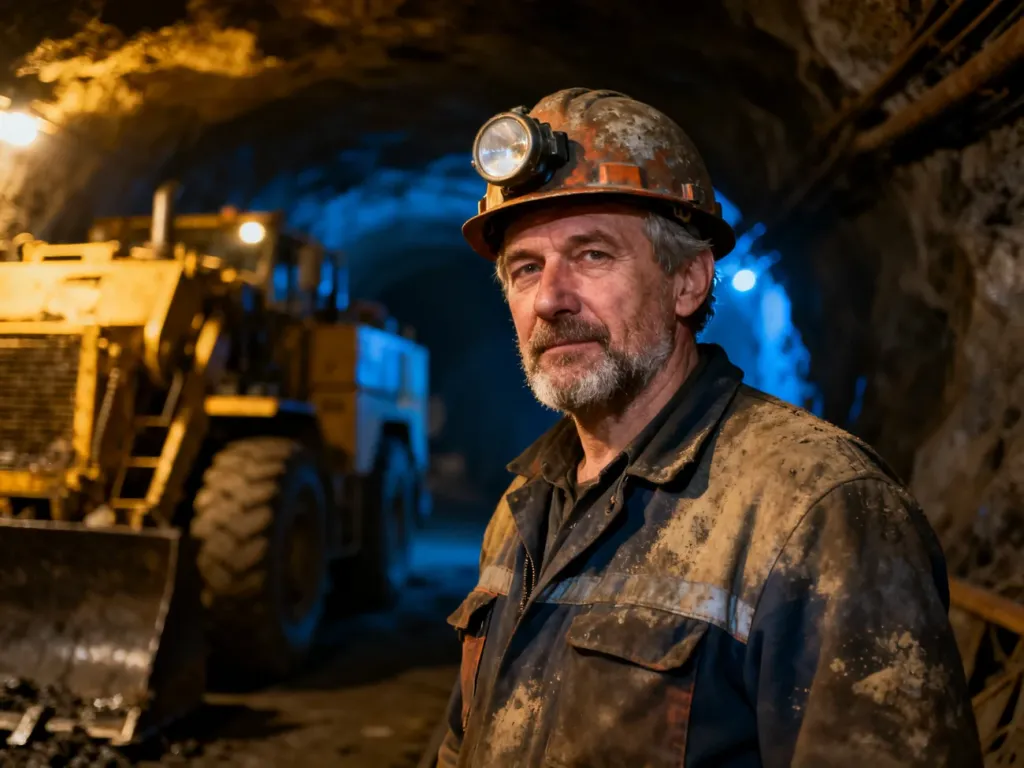 Górnik w stroju roboczym i kasku stoi w oświetlonym tunelu kopalni, podkreślając trud pracy pod ziemią.