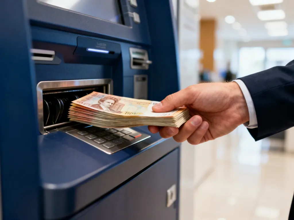 Mężczyzna wpłacający plik banknotów do nowoczesnego wpłatomatu wewnątrz banku.