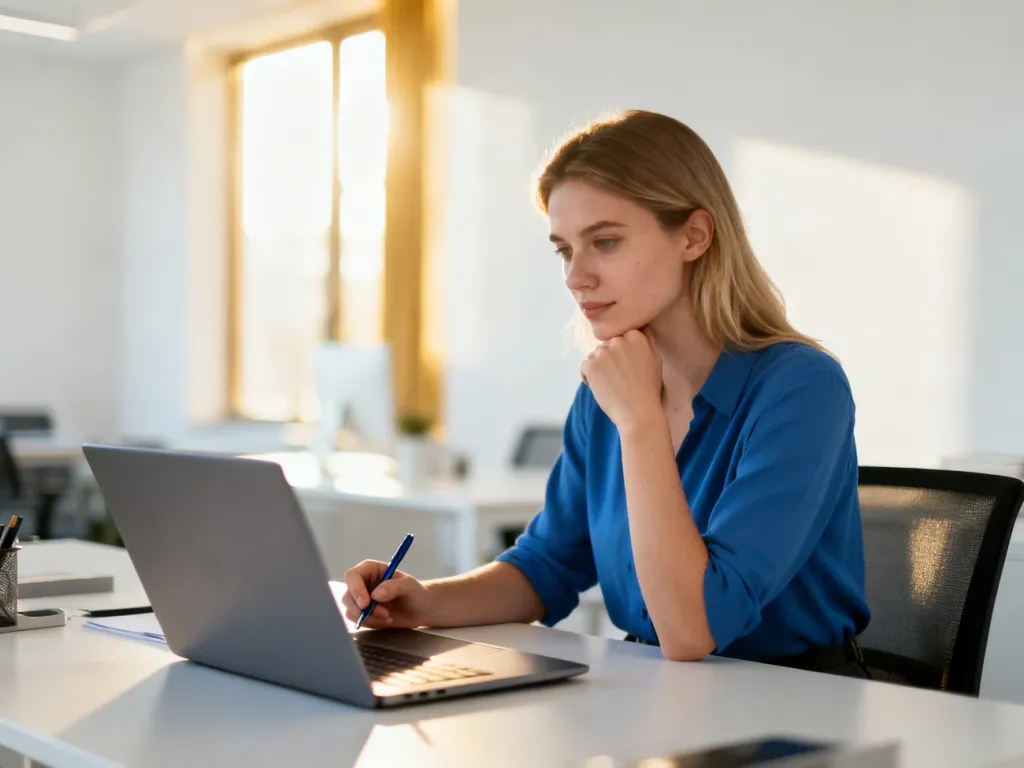 Młoda kobieta pracująca przy laptopie w nowoczesnym biurze, symbolizująca osobę aktywną zawodowo.