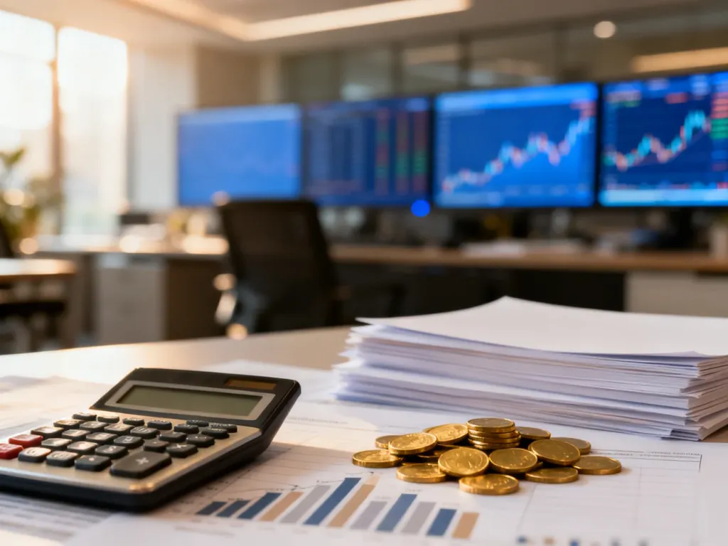 Kalkulator, monety i wykresy finansowe na biurku, symbolizujące inwestycje i rozliczenia podatkowe.