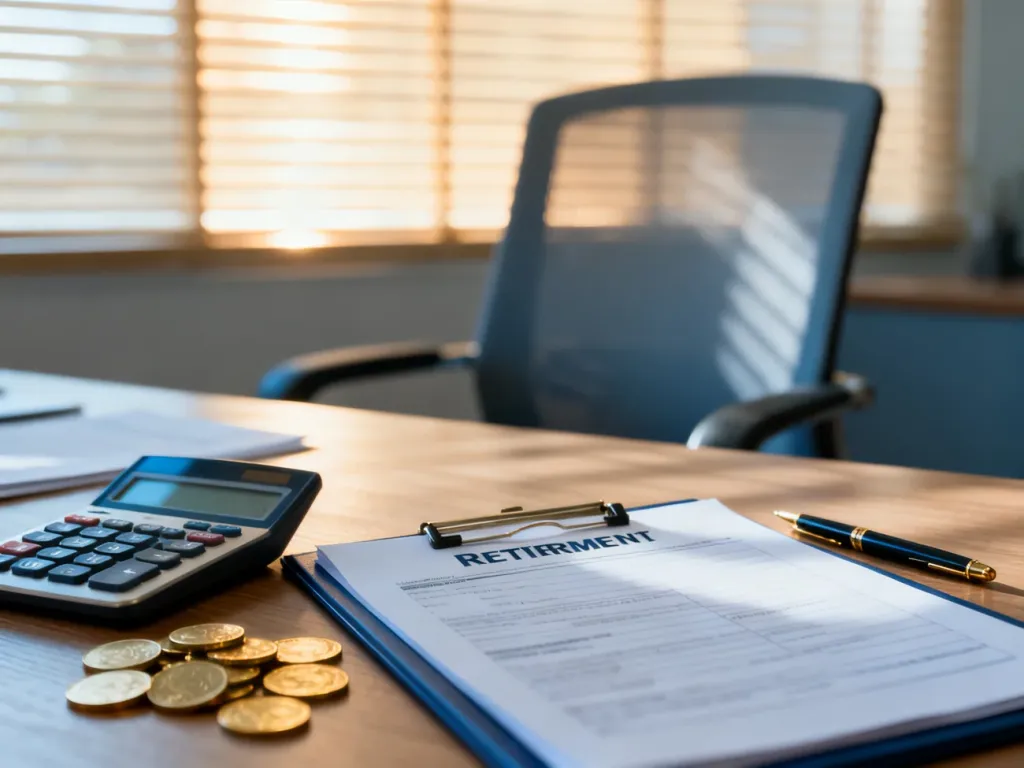Dokumenty emerytalne, kalkulator i monety na biurku, symbolizujące planowanie finansowe i przejście na emeryturę.