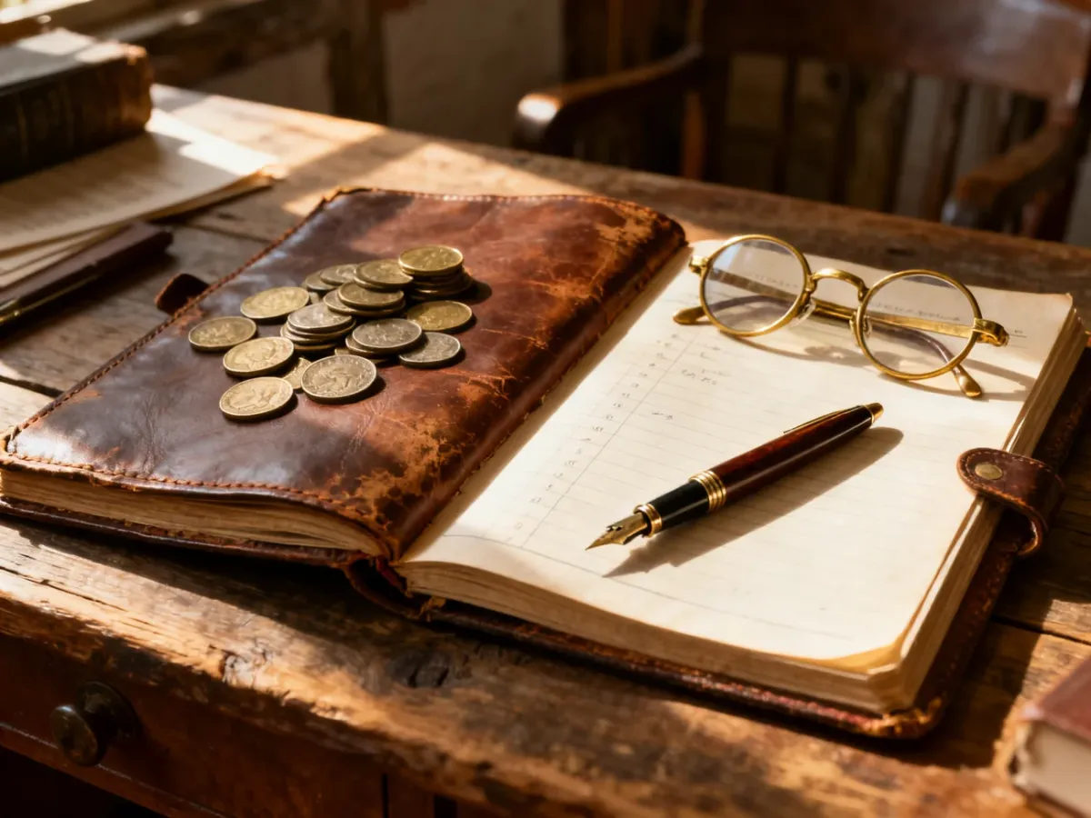 Stara księga rachunkowa, okulary i monety na drewnianym stole, symbolizujące planowanie finansów i dziedzictwo rolnicze.