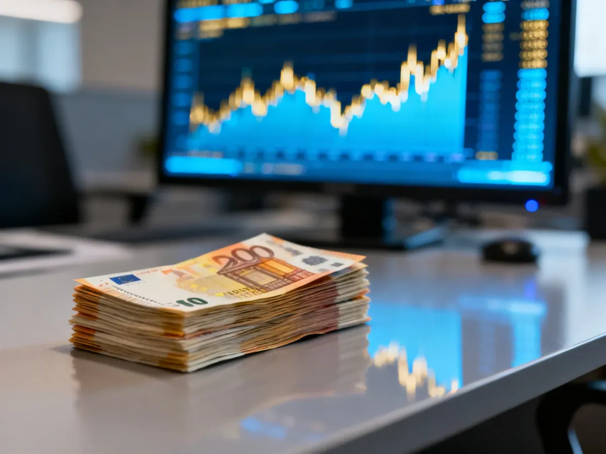 Stos banknotów euro na biurku na tle monitora z wykresami giełdowymi, symbolizujący wymianę walut.