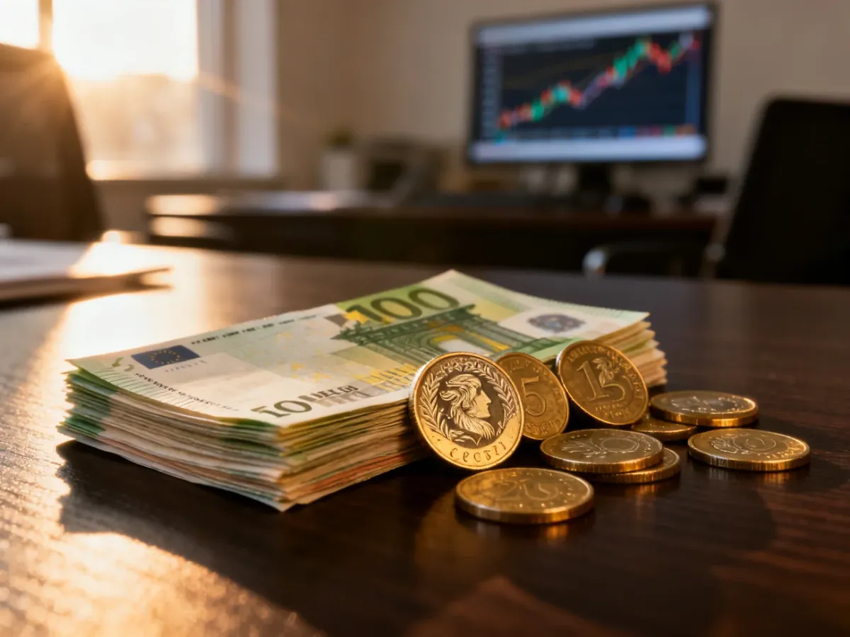 Stos banknotów euro i monet złotych na drewnianym biurku, symbolizujące wymianę walut i finanse.