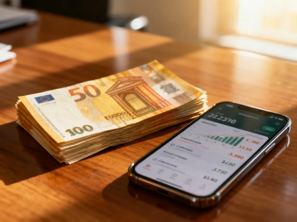 Stos euro na drewnianym biurku obok smartfona z aplikacją do przeliczania walut i wykresami kursów.