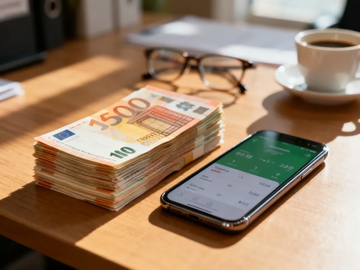 Stos euro leżący obok smartfona z aplikacją do przeliczania walut na biurku.