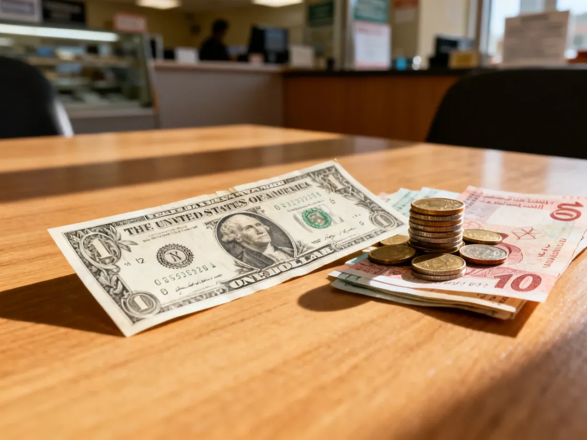 Banknot jednodolarowy obok tunezyjskich monet i banknotów na drewnianym stole w kantorze wymiany walut.