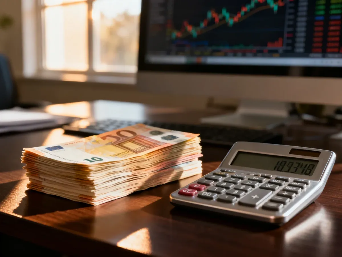 Stos euro i kalkulator na biurku, ilustrujące przeliczanie walut i planowanie finansów.