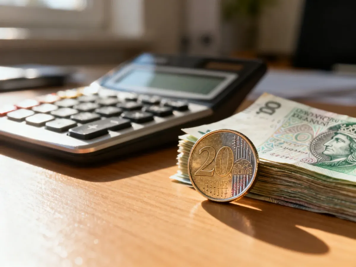Moneta 20 euro na drewnianym biurku obok kalkulatora i polskich banknotów, ilustrująca przelicznik walut.